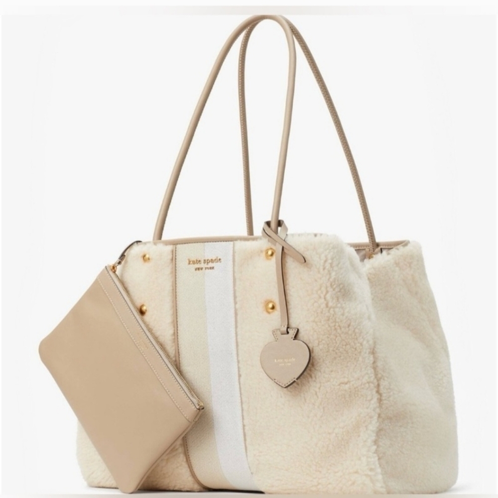 Kate Spade New York Everything Racing Stripe Faux Shearling Cream Tote Bag